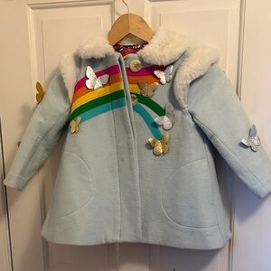 Whimsical Light Blue Kids Coat with Rainbow and Butterfly Accents